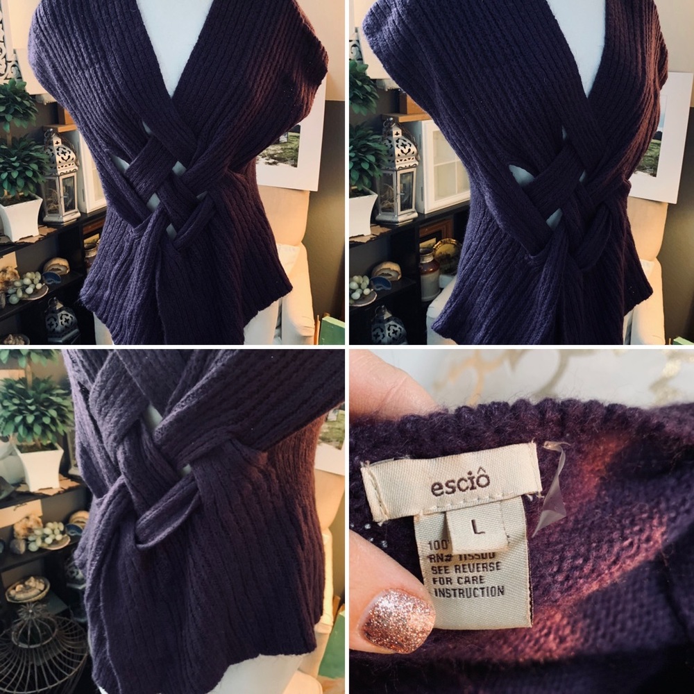 esció (from Anthropologie) Purple Ribbed Knit Wrap Sweater - L